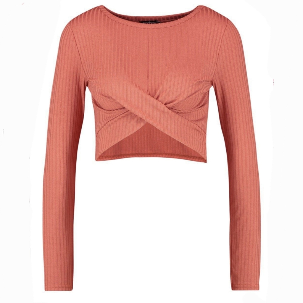 NWT Boohoo Rose Ribbed Stretch Front Twist Long Sleeve Slip On Crop Top Size 10